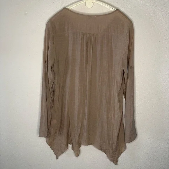Spense Button Front Tunic Asymmetrical Shirt Lagenlook Tan Roll Tabs Women’s XL - Picture 2 of 13